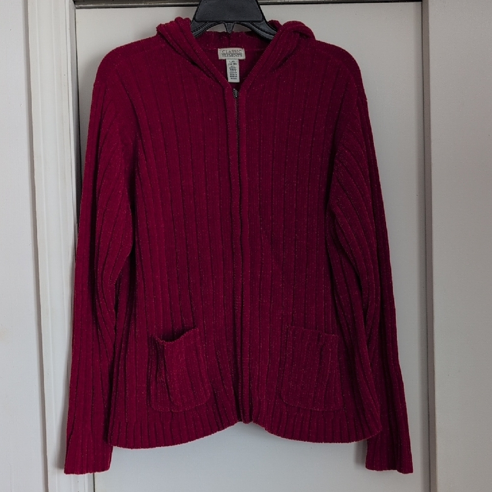 Classic Elements Size Large Red Hooded Zip Pocket Cardigan